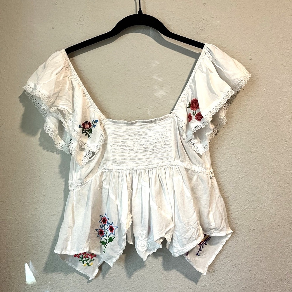 Anthropologie Top Small White Embroidered Patched Hanky Babydoll Bohemian Hippie - Picture 6 of 12